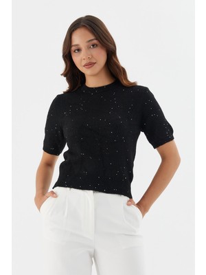 Shopping Shop Simli Kısa Kol Triko Bluz Sıyah