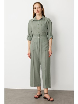 Accort Önden Cep Detaylı Keten Görünüm Pantolon-Çağla