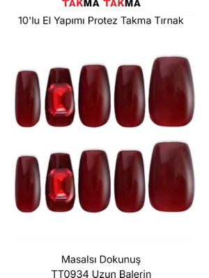Takma Takma 10'lu Kırmızı Uzun Balerin TT0934 Tekrar Kullanılabilir El Yapımı Protez Takma Tırnak - Kırmızı-S