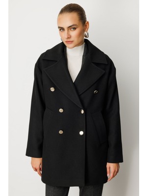 Ekol Kadın Kruvaze Yaka Yan Cepli Kaban 6093 Siyah