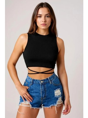 Kadın Siyah Çapraz Bağlamalı Crop Top Büstiyer - Modern ve Şık Tasarım