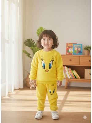 Şimo Butik Kız Çocuk Peluş Alt Üst Takım Tweety Canlı Sarı Yumuşacık
