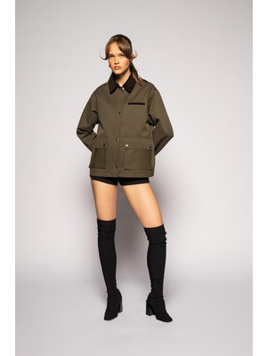 Thalure Kadın Haki Kadife Yaka Fleto Cepli Gabardin Ceket