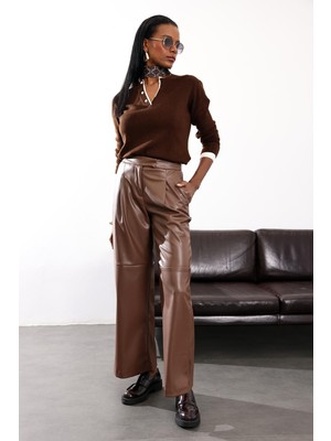 5in1Canpolat Taba Parçalı Deri Pantolon 17215