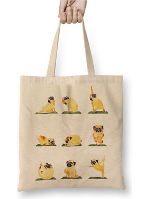 Toyaso Pug Yoga Köpek Beyaz Bez Çanta Uzun Saplı Alışveriş Çantası Plaj Çantası