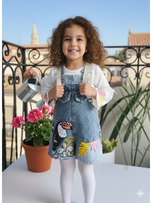 Şimo Butik Kız Çocuk Kotlu Salopet Şortlu Çantalı Takım Tasarım ( Kot Elbise+Bluz)