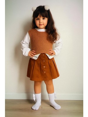 Tarz Çocuk Kız Çocuk Kahverengi Süveterli Etekli Takım 3’lü Kombin