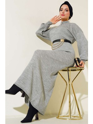 Hiccup Kadın Bdart Dik Yaka Ribanalı Triko Elbise Gri