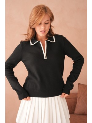 Relax Mode Kadın Fermuarlı Polo Yaka Triko Kazak - 12235R