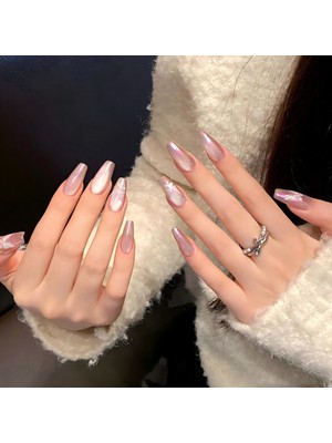 Takma Takma 10'lu Pembe Uzun Balerin TT1134 Tekrar Kullanılabilir El Yapımı Protez Takma Tırnak - Pembe-L