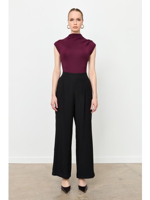 Accort Kalın Pile Beli Lastikli Pantolon-Siyah