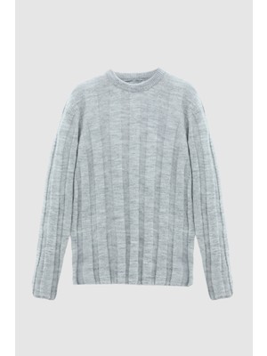 Twn Slim Fit Gri Rib Örgü Kazak