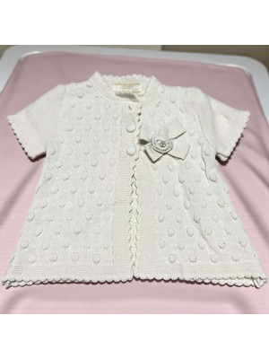 Ponponlu Yaka Fiyonk Detaylı Triko Hırka - LY3006-KREM-3 - 6 Ay Krem