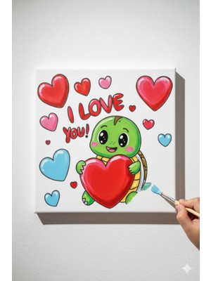 Okul Etkinliği 20X20 Resimli Tuval Çocuk Boyama Seti-Kalp_kaplumbağa_model-25 Resimli 3 Boya 1 Fırça