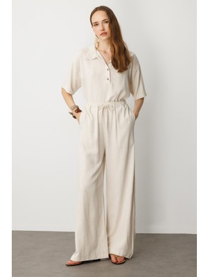 Accort Rahat Kalıp Keten Pantolon-Krem