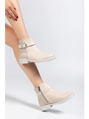 Budi 165-204/1 Bej Kroko Toka Aksesuarlı Fermuarlı Günlük Kadın Bot