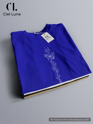 Nevermind Unisex Butterfly Flower Özel Tasarım - Oversize Tişört Mavi