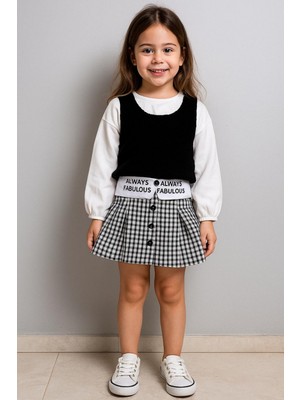 Tarz Çocuk Kız Çocuk Siyah Süveterli Ekose Etekli Takım 3’lü Kombin