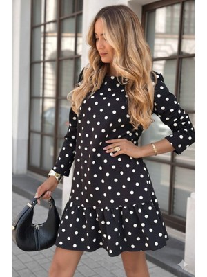 Janes Kadın Uzun Kollu Bisiklet Yaka Fırfırlı Puantiyeli Kısa Modal Elbise