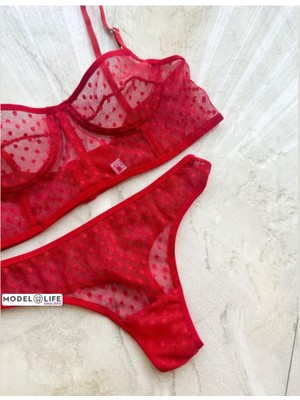 Modellife Kıırmızı Puantiyeli Brode Balenli Bra Sütyen Iç Çamaşırı Tanga Takımı