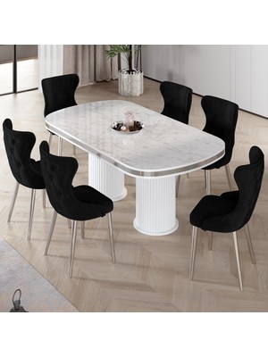 Canisa Galya Serisi Lak Panel 90X168 Sabit Beyaz Mermer Desen Mutfak Masa Takımı 6 Sandalye