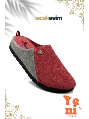 Sermoda Kadın Ev Terliği  – Poli Taban Hafif Tabanlı Sıcak Tutan Ev Terliği Kırmızı Gri