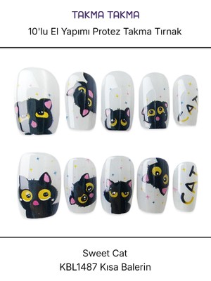 Takma Takma 10'lu Siyah Kısa Balerin KBL1487 Tekrar Kullanılabilir El Yapımı Protez Takma Tırnak - Ten Rengi-Siyah-M