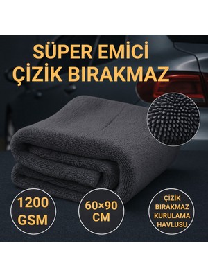 Polham XL 60X90CM 1200GSM Süper Su Emici Özellikli Mikrofiber Araç Kurulama Havlusu, Çizik ve Iz Bırakmaz Bez