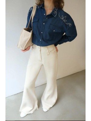 Touche Omuz Nakışlı Denim Efektli Gömlek