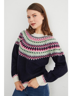 FullaModa Desenli Bisiklet Yaka Triko Kazak