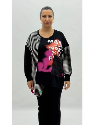 AlanyaXXL Büyük Beden Cepli Çizgili Taş Detaylı Uzun Kol Oversize Kadın Sweatshirt