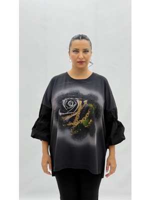 AlanyaXXL Büyük Beden Viskon Taşlı Inci Detaylı Karpuz Kol Oversize Kadın Bluz