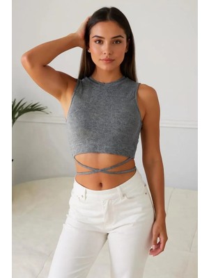 Kadın Gri Çapraz Bağlamalı Crop Top Büstiyer - Modern ve Şık Tasarım