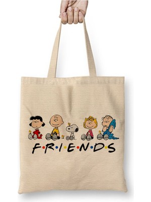 Toyaso Snoopy Friends Beyaz Bez Çanta Uzun Saplı Alışveriş Çantası Plaj Çantası