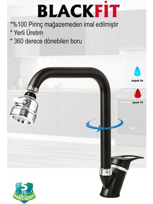 Blackfit Siyah Mix Mutfak Bataryası Oynar Başlıklı Mutfak Musluğu Eviye Bataryası Çift Su Girişli