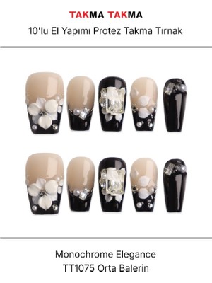 Takma Takma 10'lu Siyah Orta Balerin TT1075 Tekrar Kullanılabilir El Yapımı Protez Takma Tırnak - Siyah-M