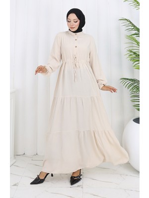 Viskon Kumaş Yarım Düğmeli Elbise 0085-19 Bej
