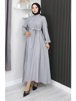 Belmando Kumaş Yarım Düğmeli Kuşaklı Elbise 2166-07 Gri