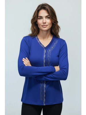 Ece Giyim Kadın Önü Kapalı Düğme Detaylı Taşlı Nergis Mevsimlik Bluz