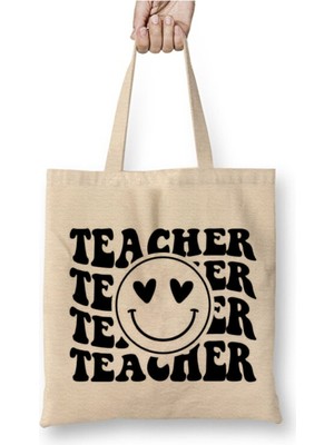 Toyaso Teacher Öğretmene Hediye Öğretmenler Günü Beyaz Bez Çanta Uzun Saplı Alışveriş Çantası Plaj Çantası