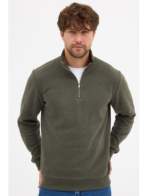Comeor Erkek Haki Standart Fit Normal Kesim Pamuklu Yarım Fermuarlı Dik Yaka Pamuklu Sweatshirt