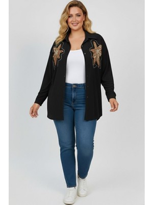 Moda Xlarge Kadın Büyük Beden Pul Payet Işlemeli Uzun Kollu Gömlek 1985-26
