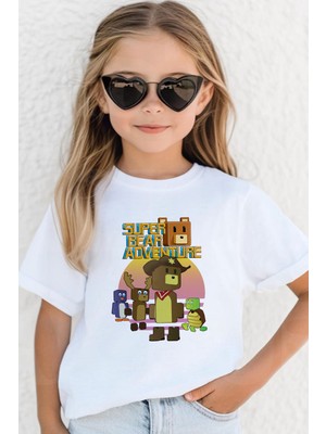 Zeycem Süper Ayı Oyun Karekteri Desen Baskılı Çocuk Siyah ve Beyaz Unisex Tshirt