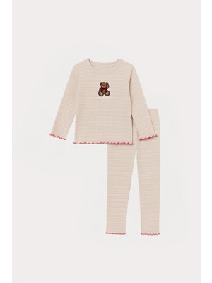 Katia & Bony Kız Çocuk Teddy Desenli Pijama Takımı Ekru