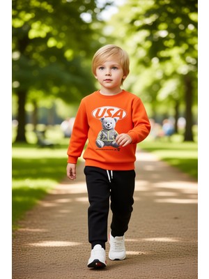 PayBuy Erkek Çocuk Ayıcık Baskılı Bisiklet Yaka Örme Alt Üst Takım Kaliteli Şık Rahat