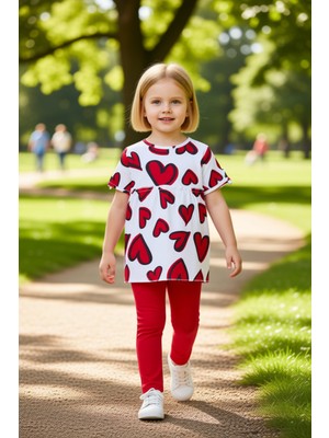 PayBuy Kız Çocuk Pamuklu Kalp Desenli Bisiklet Yaka Kısa Kollu Üst ve Tayt Takımı Kaliteli Şık Rahat