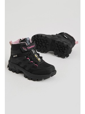 Tonny Black Çocuk Unisex Siyah Pudra Kalın Kauçuk Taban Lastik Bağcıklı Cırtlı Outdoor Trekking Bot