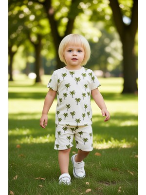 PayBuy Erkek Çocuk Tropikal Baskılı Kısa Kollu Tişört ve Şort Pijama Takımı Kaliteli Şık Rahat
