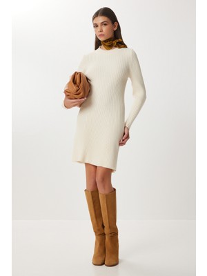 Happiness İstanbul Fitilli Triko Kısa Çan Elbise LCI0055 Krem