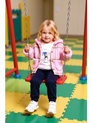 FRM Kız Çocuk Üçlü Kombin Ekose Ceket Baskılı Tişört ve Örme Pantolon Kaliteli Şık Rahat